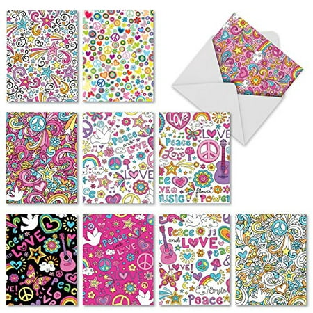 'M3047 FEELIN' GROOVY' 10 Assorted All Occasions Notecards Feature '60s Era Hippy Motifs with Envelopes by The Best Card