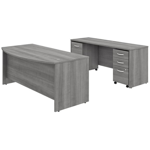 Studio C 72W Bow Front Desk with Drawers and Credenza in Gray - Engineered Wood