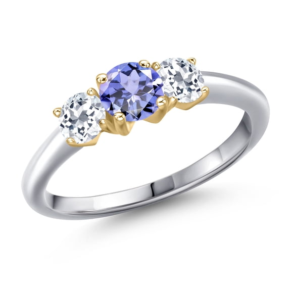 Gem Stone King 925 Silver and 10K Yellow Gold Blue Tanzanite and White Topaz Engagement Ring for Women | 1.12 Cttw | Round 5MM | Gemstone December Birthstone | Size 5