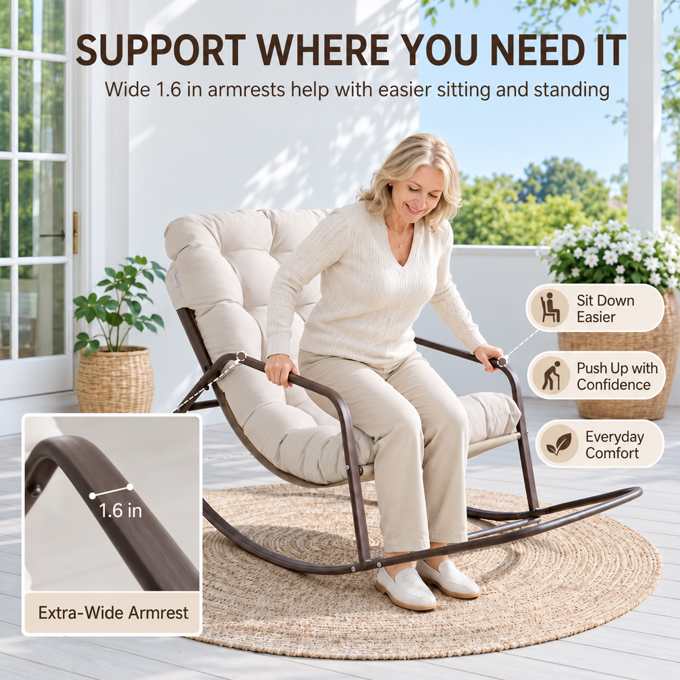 Radiata Oversized Rocking Chair with Footrest, Beige photo 8