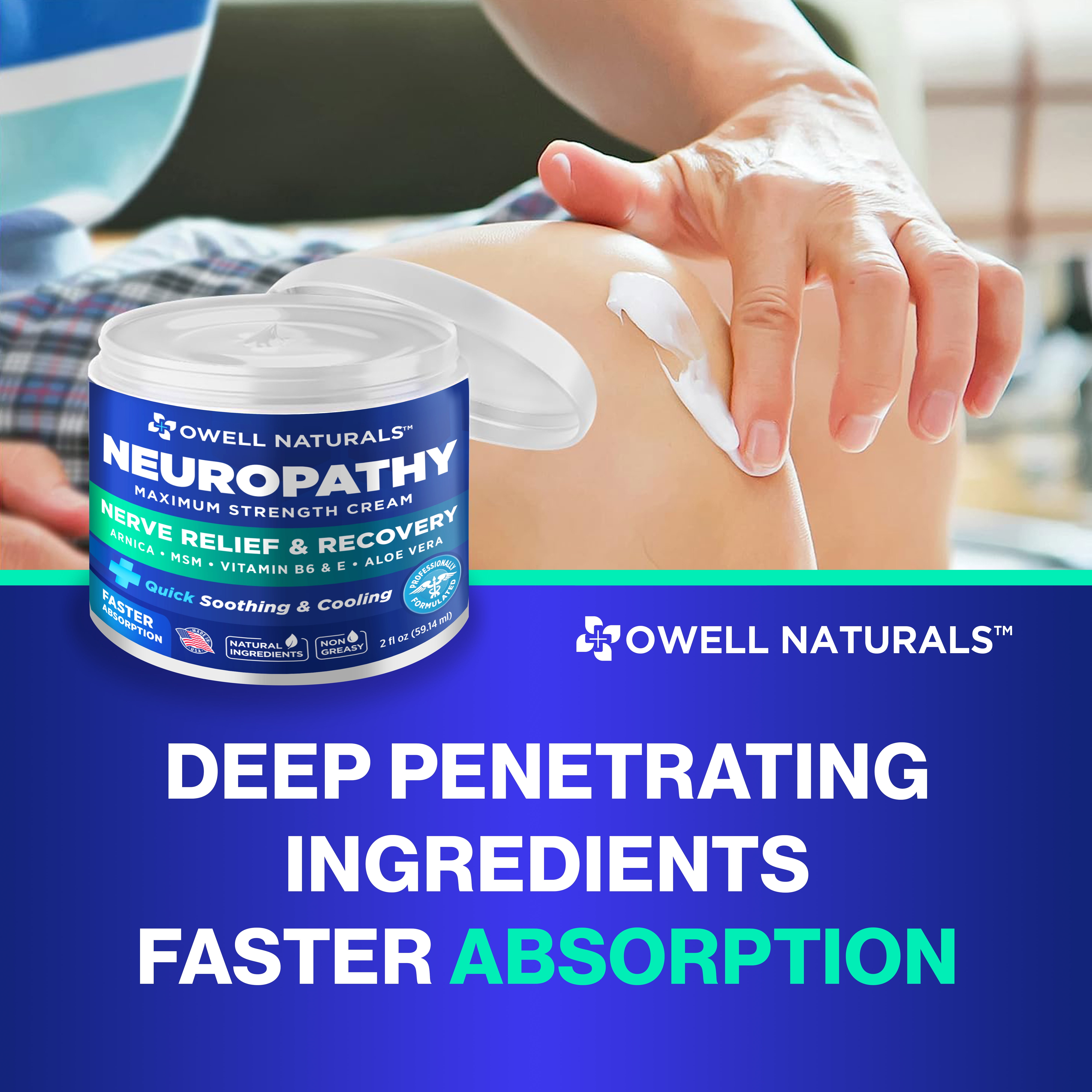 OWELL NATURALS Neuropathy Nerve Relief Cream Soothing & Calming for Aching Foot, Hands, Legs, Toes
