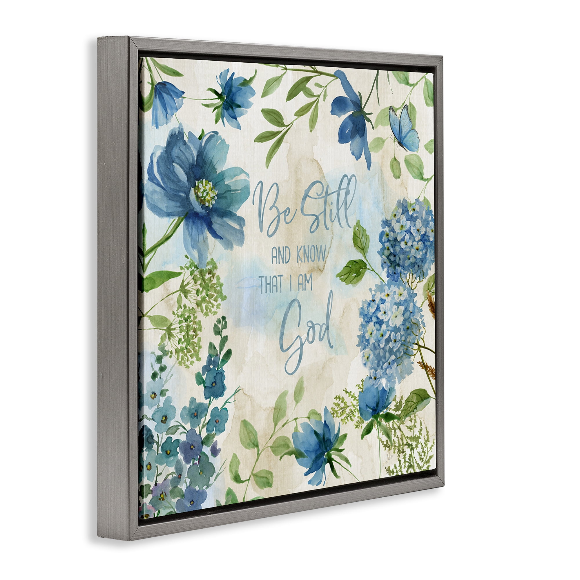 Stupell Industries Be Still Floral Phrase Religious Painting Gray Floater Framed Canvas Art Print Wall Art, 18 x 18
