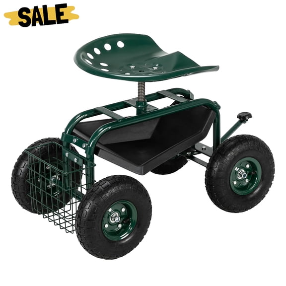 GZXS Garden Cart Rolling Scooter,Iron Short Handle Garden Seat Car with Extendable Steering Handle, Swivel Seat & Utility Basket, Green, 75 * 45 * 47cm