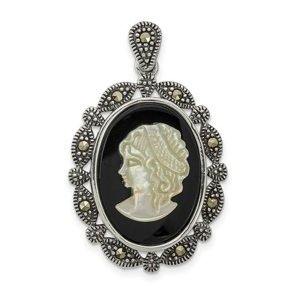 Sterling Silver Cameo Pendant Necklace with Carved Woman on Black Agate, Marcasite Accents, Vintage Victorian Style Jewelry for Women