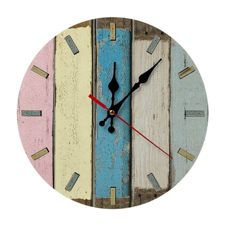 12 Inch Pastel Multicolor Rustic Wooden Wall Clock, Distressed Farmhouse Quiet Sweep Clock, Vintage Shabby Chic Decor for Living Room Bedroom, Battery Not Included