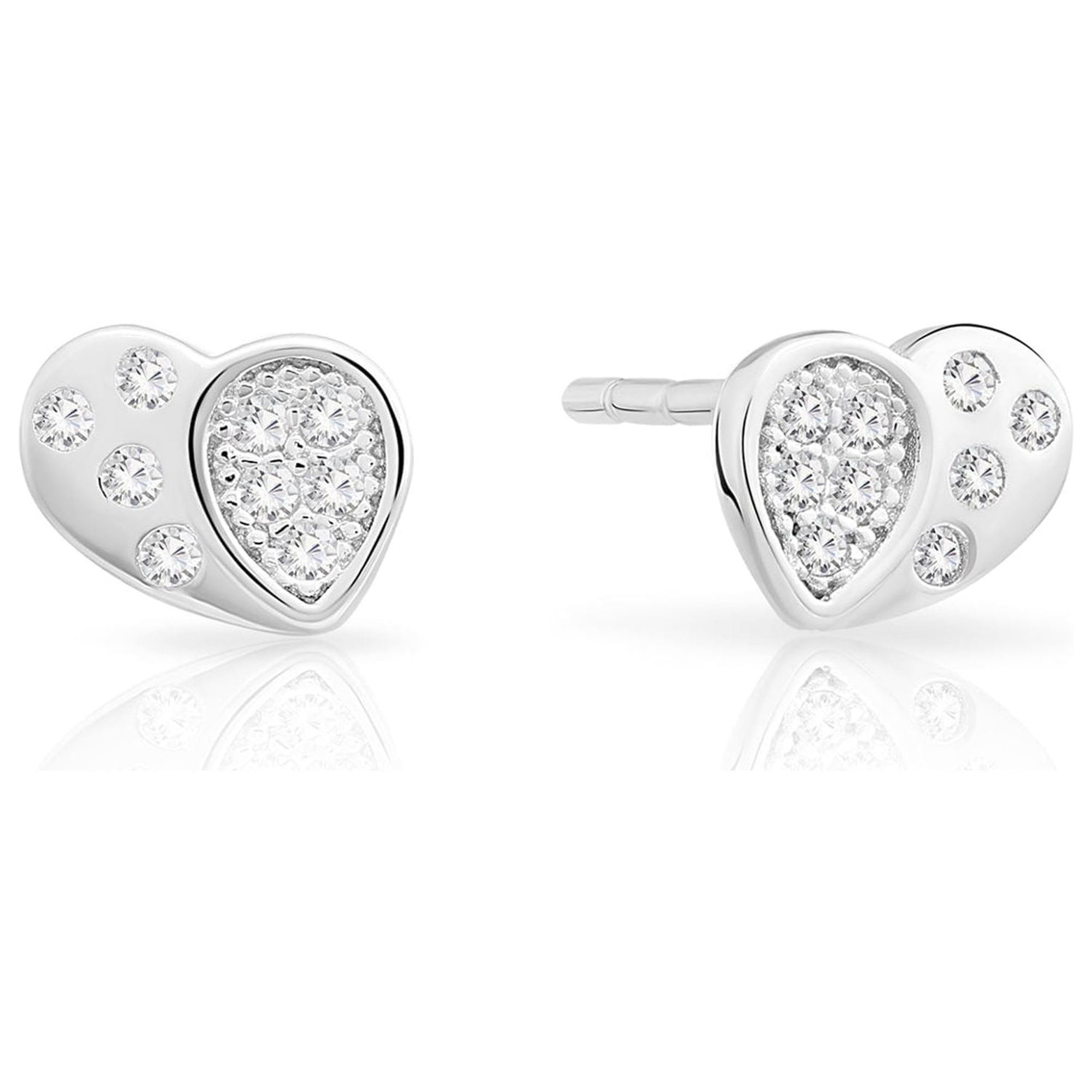 Tilo Jewelry 925 Sterling Silver Heart Stud Earrings with Secure Push Backs & Cubic Zirconia CZ Stones for Women & Unisex