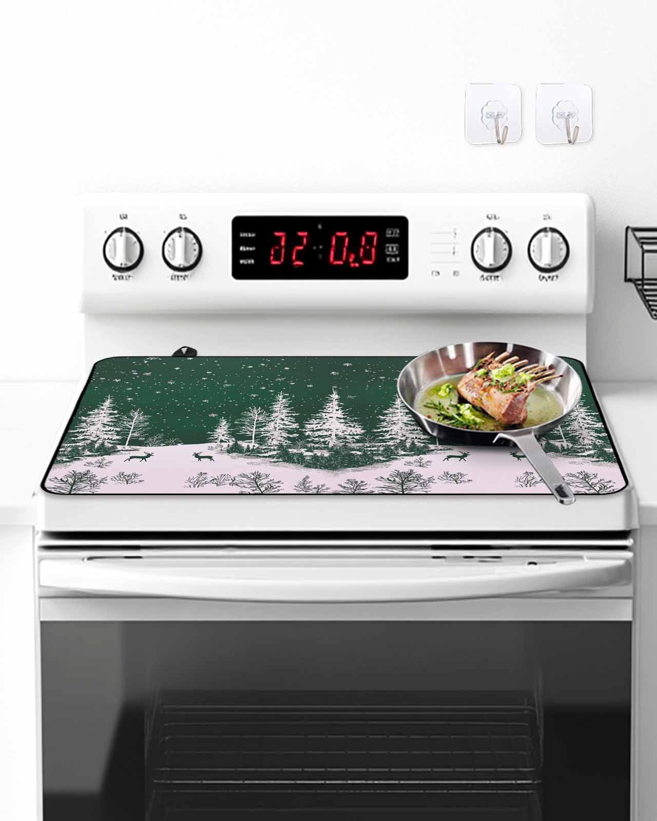 Christmas Snowflake Stove Top Covers for Electric Stove, 28'x20'' Elk Pine Trees Winter Deep Green Glass Ceramic Stove Cover Foldable Rubber Mat Heat Resistant Cooktop Protector for Kitchen