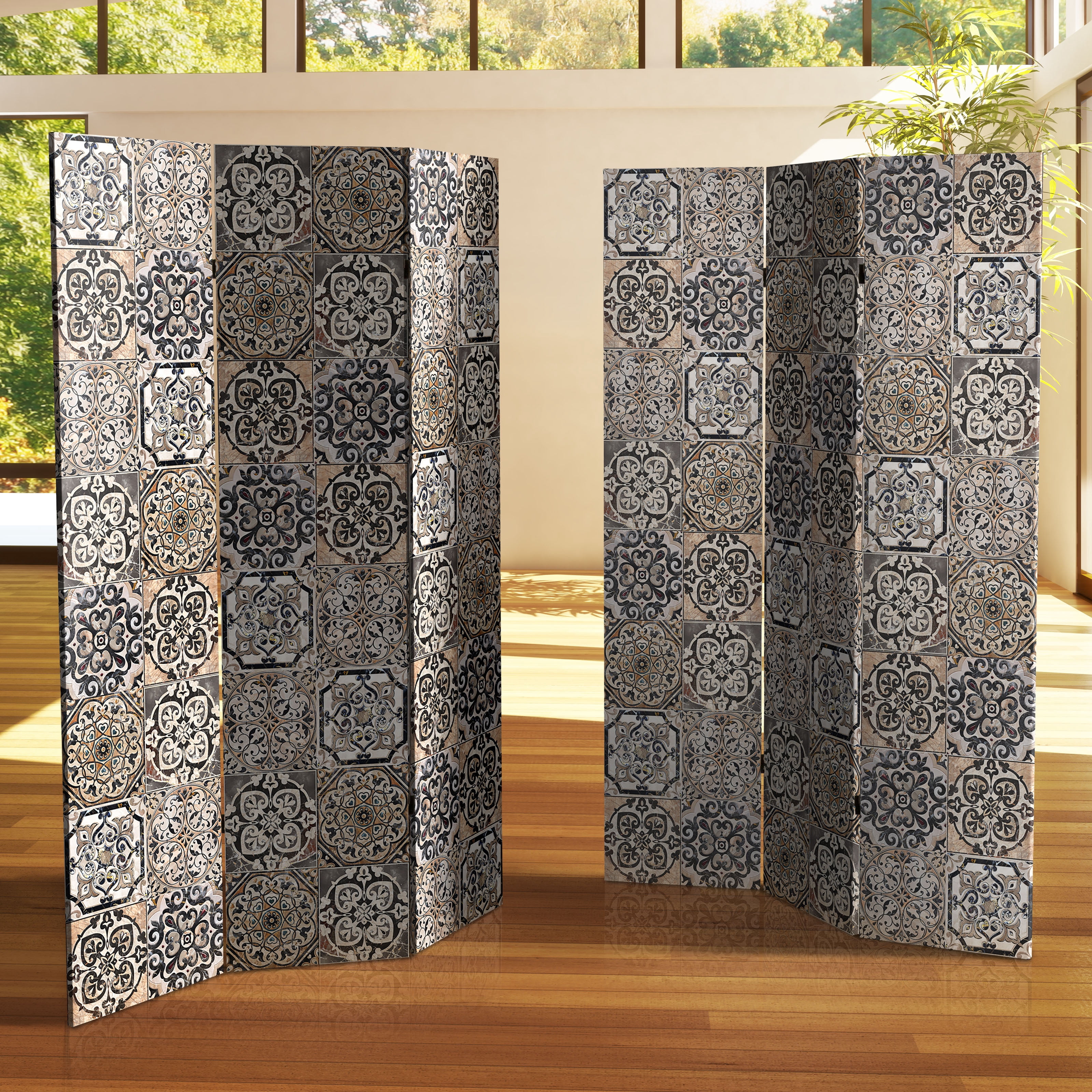 Oriental Furniture 6 ft. Tall Victorian Tile Canvas Room Divider - 3 Panel