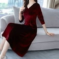 thumbnail image 3 of Robe Midi Ajustée à Manches Longues en Velours Col en V pour Femmes Hiver, 3 of 6