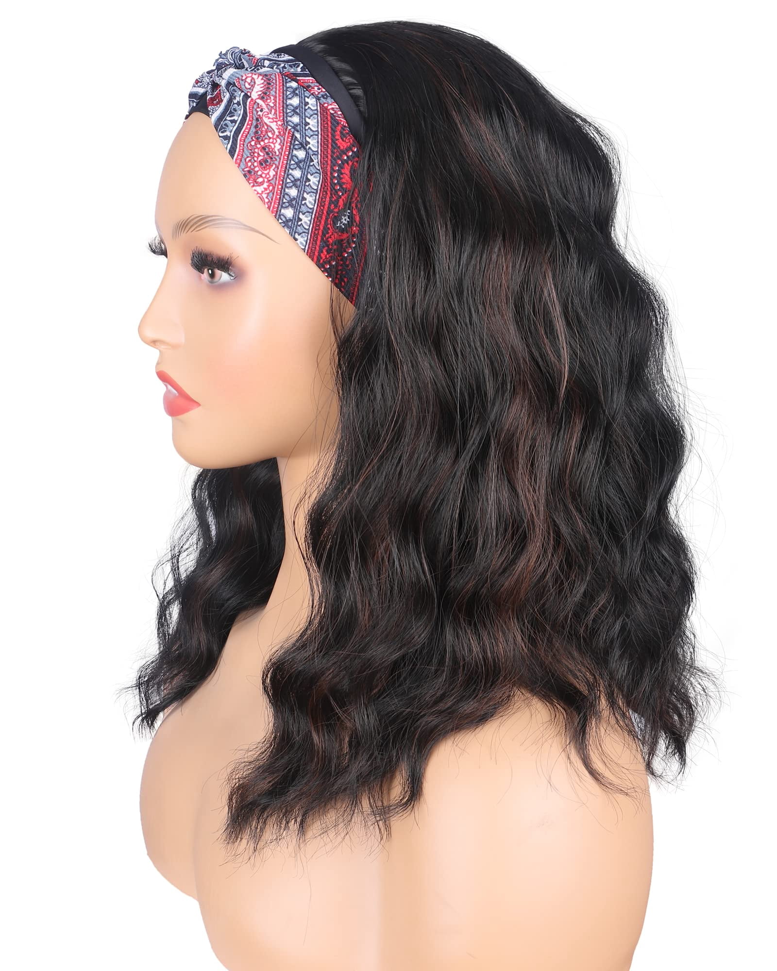 Black Headband Wigs With Brown Highlights For Women 14 Inch Wavy Heat Resistant Synthetic Soft Light Natural Looking Hair Replacement Wigs