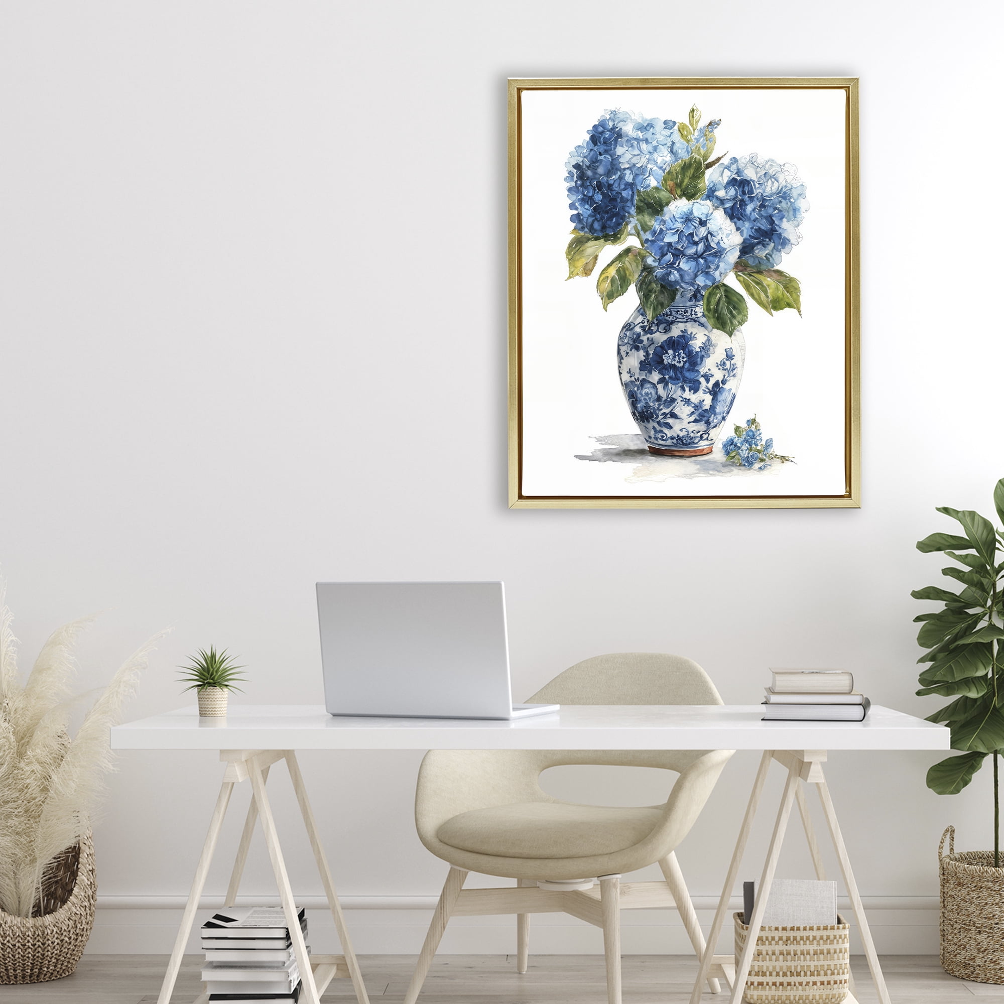 Stupell Industries Porcelain Vase with Hydrangea Bouquet Gold Framed Floater Canvas Wall Art, design by Imagine It Images