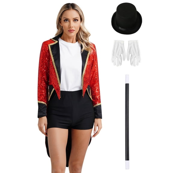 vastwit Womens Circus Ringmaster Tailcoat Shiny Sequins Open Front Jacket with Accessories Red 3XL