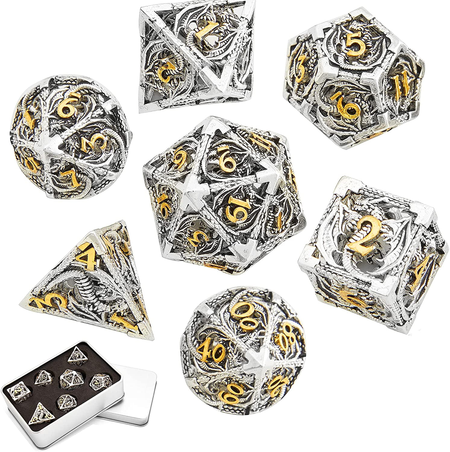 with Metal Case Hollow Metal DND Game Dice Skulls Ancient Bloodstain 7Pcs Set for Dungeons and Dragons RPG MTG Table Games D&D Pathfinder Shadowrun and Math Teaching 