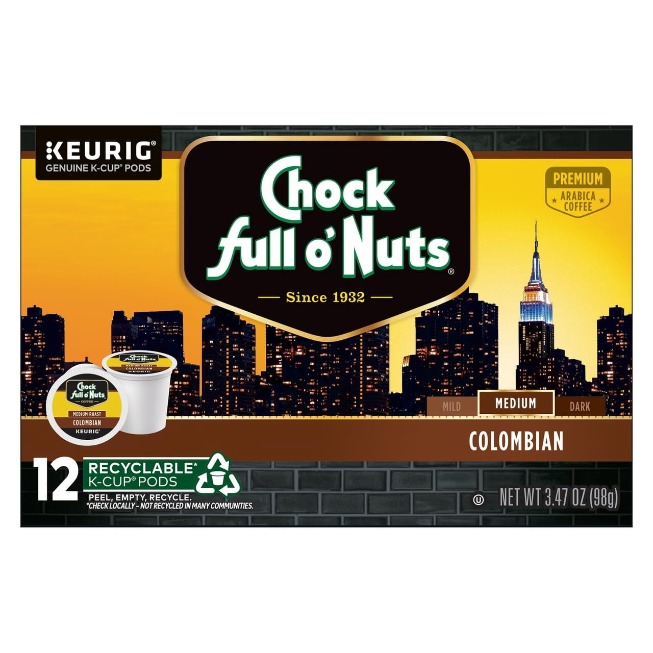 Chock Full o'Nuts Colombian Coffee, Compatible with Keurig K-Cup Pods, 12 CT (Pack of 4)