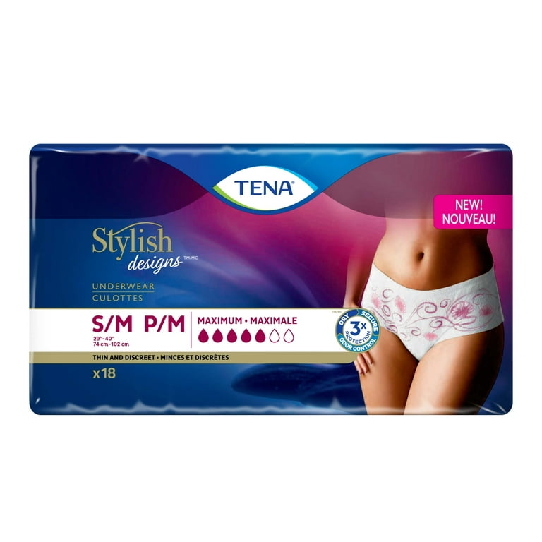 Tena Stylish Designs Incontinence Protective Underwear for Women, Maximum  Absorbency, S/M, 18 count 