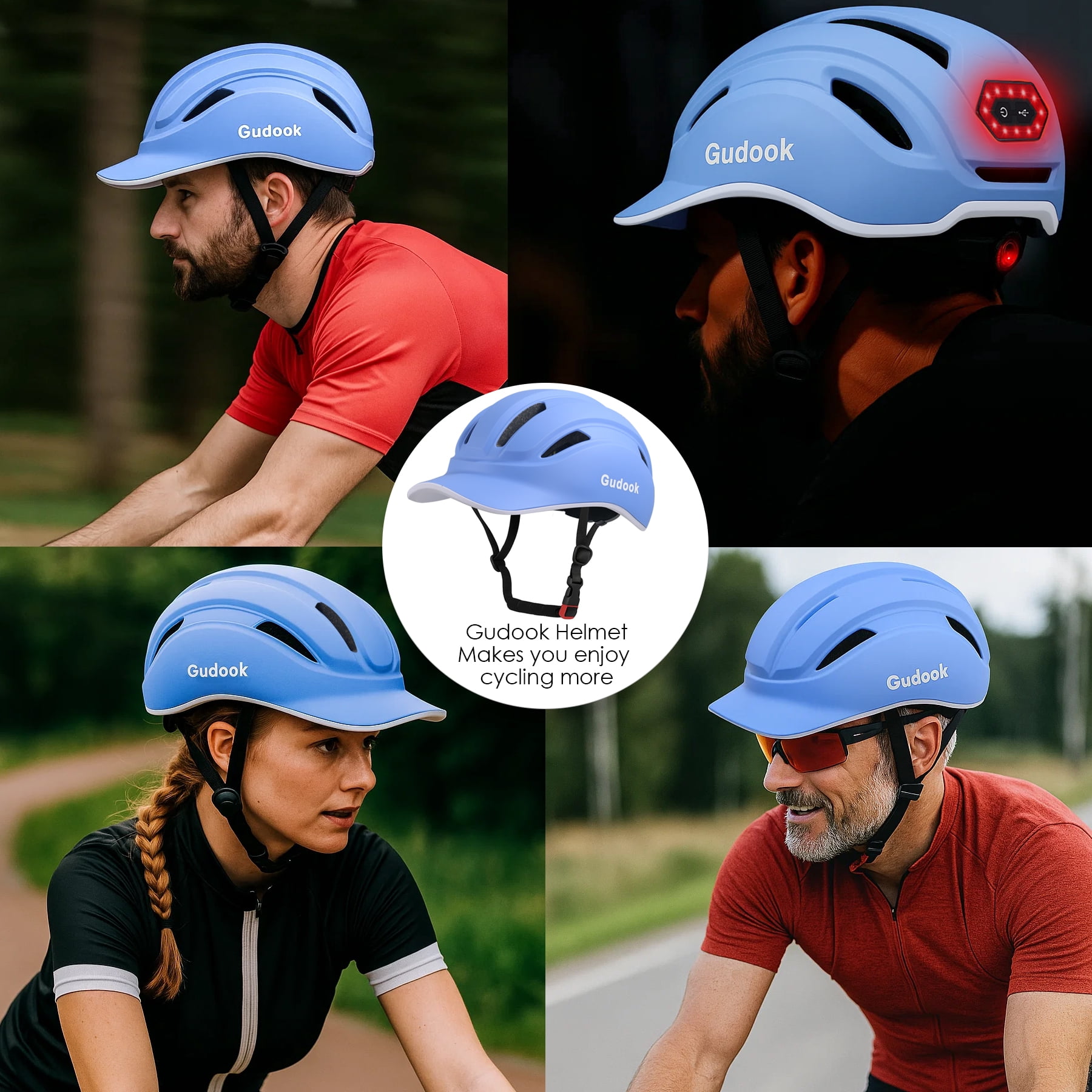 Gudook Adult Bike Helmet for Men - Women Bicycle Helmet with LED Rear Light - Certified Comfort Adjustable Baseball Cap Style Cycling Helmets for Urban Commuter Road Biking Scooter