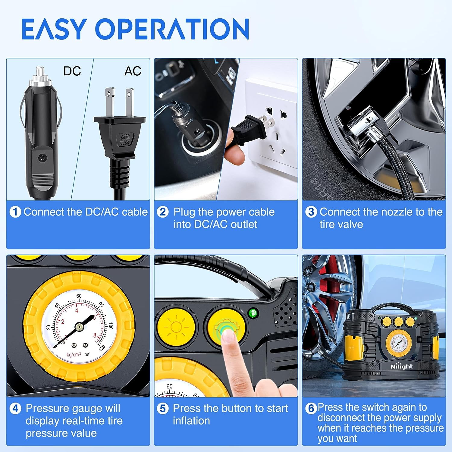 Nilight Tire Inflator Portable Air Compressor Dual Power for Car 12V DC Home 110V AC Tire Pump w/Analog Pressure Gauge Fast Inflate Auto Shutoff Pump for Car SUV Motorcycle Bicycle, 2 Years Warranty