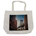 thumbnail image 1 of New York Shopping Bag, Manhattan Bridge Seen from Narrow Alley Island Borough Globally Influential Town NYC, Eco-Friendly Reusable Bag for Groceries Beach and More, 15.5" X 14.5", Cream, by Ambesonne, 1 of 2