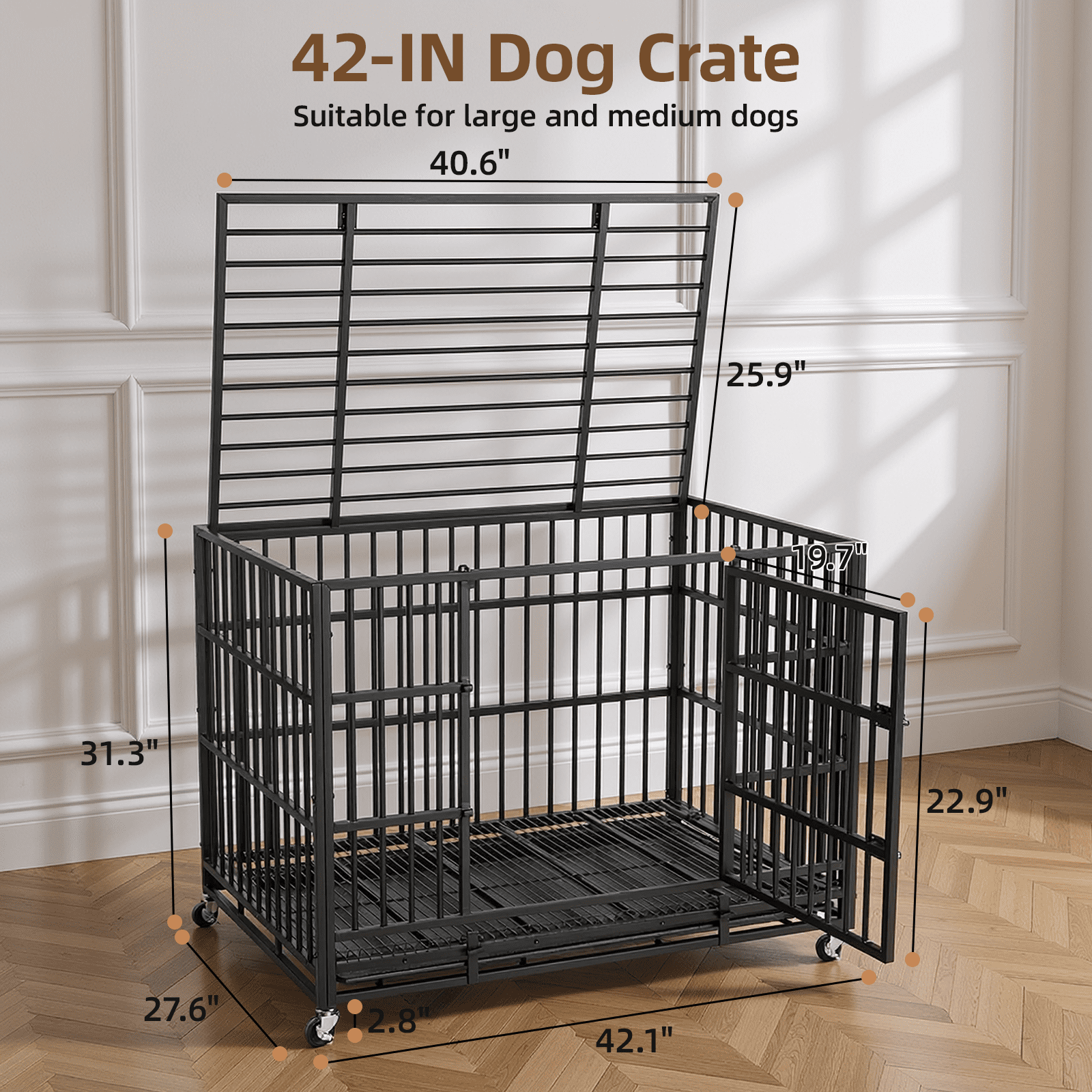 RichYa 42 inch Heavy Duty Indestructible Dog Crate, Escape-Proof Dog Crate Cage Kennel with 4 Lockable Wheels, High Anxiety Dog Crate with Double Door and Removable Tray Design, for Large Dogs