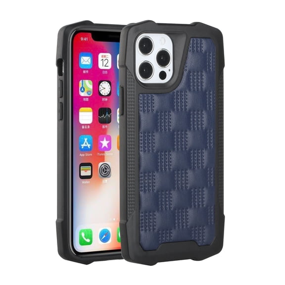 For Apple iPhone 13 Pro (6.1") PU Leather Design Lines Hybrid PC Hard Shockproof Armor Shell Bumper Soft Rubber Protection Cover ,Xpm Phone Case [Checkered Blue]