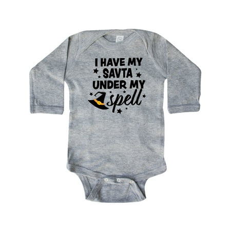 

Inktastic I Have My Savta Under My Spell with Cute Witch Hat Gift Baby Boy or Baby Girl Long Sleeve Bodysuit