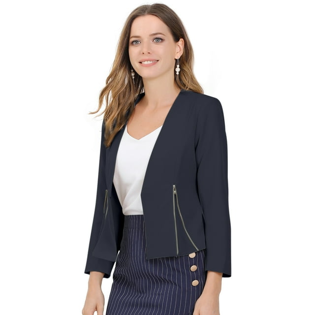 INSPIRE CHIC Oficina de trabajo para mujer, sin cuello, con cremallera, abrigo corto, traje, chaqueta, chaqueta cortada Azul marino XL