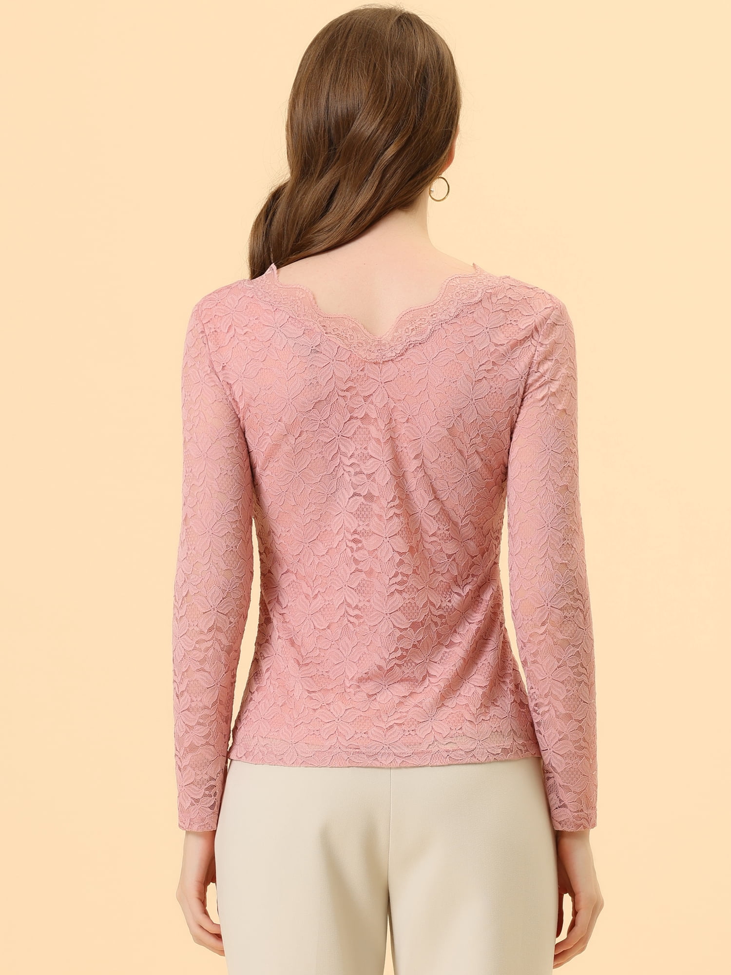 DARING DIVA Floral Lace Shirt Lace Scalloped Trim Blouse S Pink