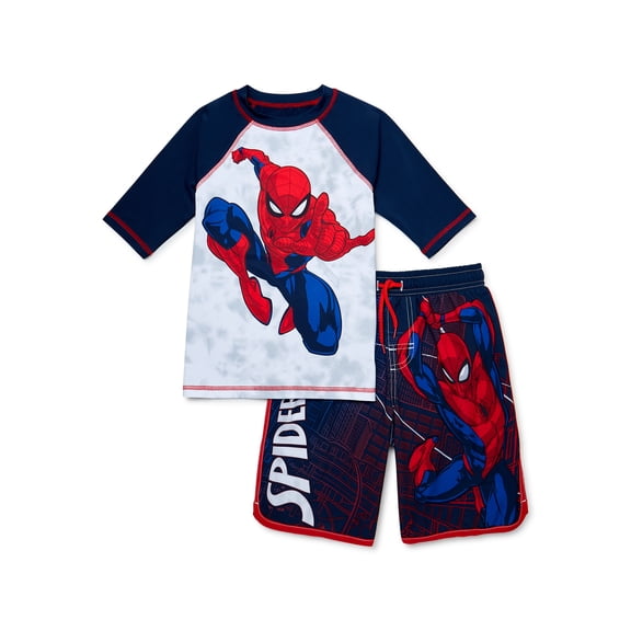 Spiderman Boys 2 Piece Short Sleeve Rash Guard and Trunks Swim Set, Sizes 4-12