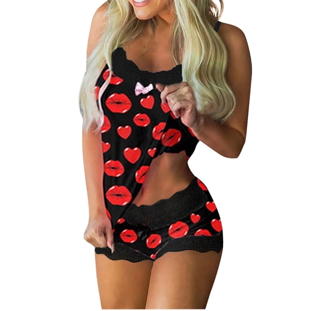 Mujeres Sexy Impresión Encaje Sling Sin mangas Tank Tops Empalme Pantalones cortos Conjunto casual Fridja fhjkhfk456506