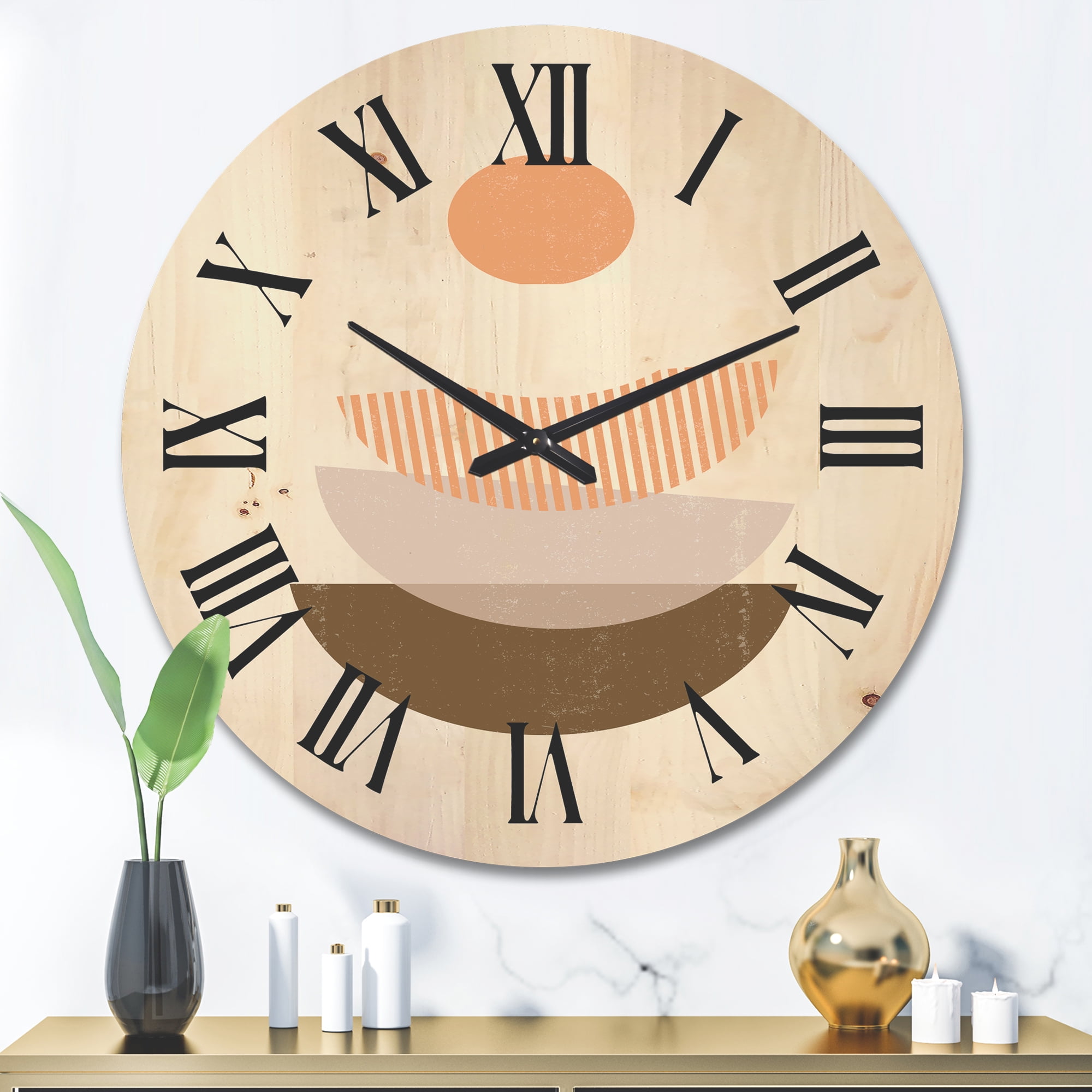 Designart 'Abstract Moon and Sun Geometrics In Terracotta I' Modern Wood Wall Clock