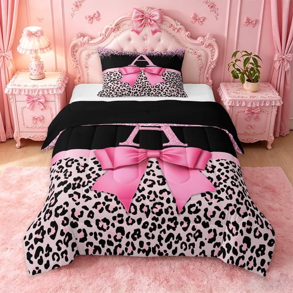 Erosebridal Pink Leopard Print Twin Comforter Sets,Chic Glitter Print A Alphabet Bedding Set For Kids Girls,Black Reversible,2 Pieces