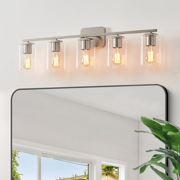 Kyrid 35.5 in. 5-Light Brushed Nickel Clemmon Vanity Light with Square Glass Shade