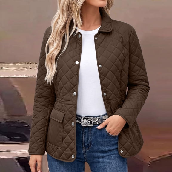 HCBY Women's Quilted Jacket Snap Button Front Lapel Collar Long Sleeve Lightweight Padded Coat with Pockets, Diamond Quilted Casual Outerwear for Fall Winter Work Everyday