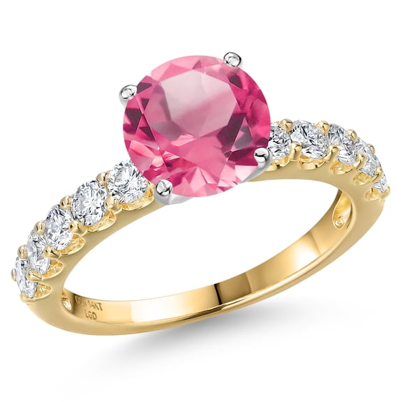 Gem Stone King 14K Two Tone Gold Pink Mystic Topaz and Lab Grown Diamond Engagement Ring for Women | 2.65 Cttw | Round 8MM | Gemstone November Birthstone | Size 7