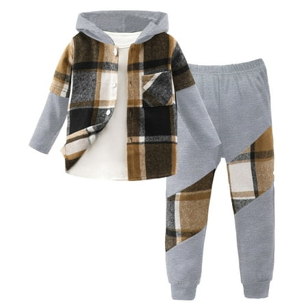 Krdevn Boys 2 Piece Fall Winter Outfit Hooded Plaid Patchwork Shirt and Jogger Pants Set 5-6 Years Brown