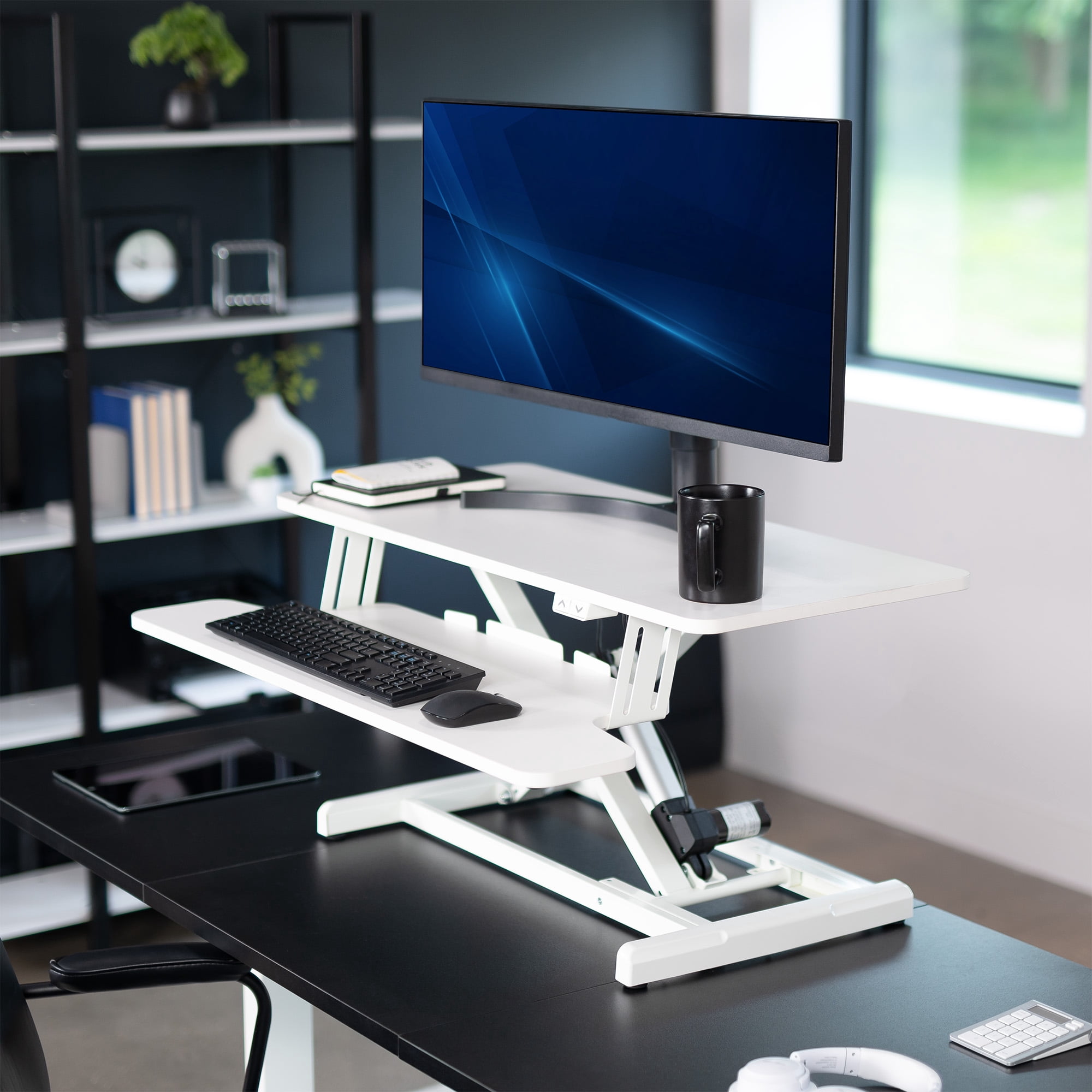 VIVO White Electric 36" Standing Desk Monitor Riser, Dual Arm Sit Stand Tabletop