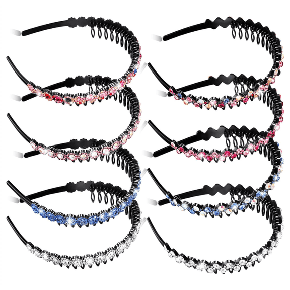 8 Pieces Rhinestone Teeth Comb Headbands, Non-Slip Hair Band Hair Accessories for Women Girl, 2 Styles - Flower, Wave Plastic Headband, Multicolor