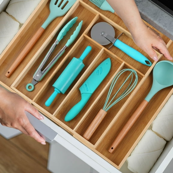 KitchenTrend Bamboo Expandable Drawer Organizer for Kitchen - Adjustable Utensil Tray 6-8 Slots