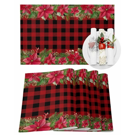 Christmas Red Plaid Placemats Set of 8 Poinsettia Leaf Winter Floral Heat Insulation Washable Place Mats, Rustic Non-Slip Table Mats for Dining Table Party Kitchen Decor,13x19 Inch