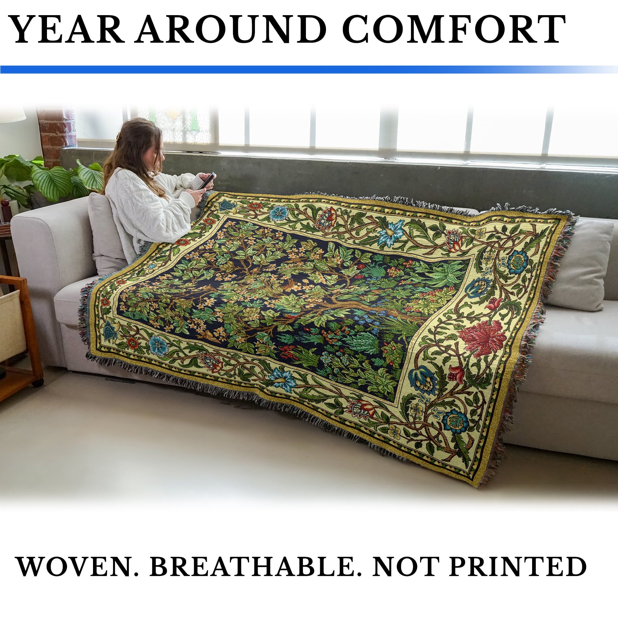 Pure Country Weavers Tree of Life By William Morris Blanket - Arts & Crafts - Tapestry Throw Woven from Cotton - Made in the USA (72x54)