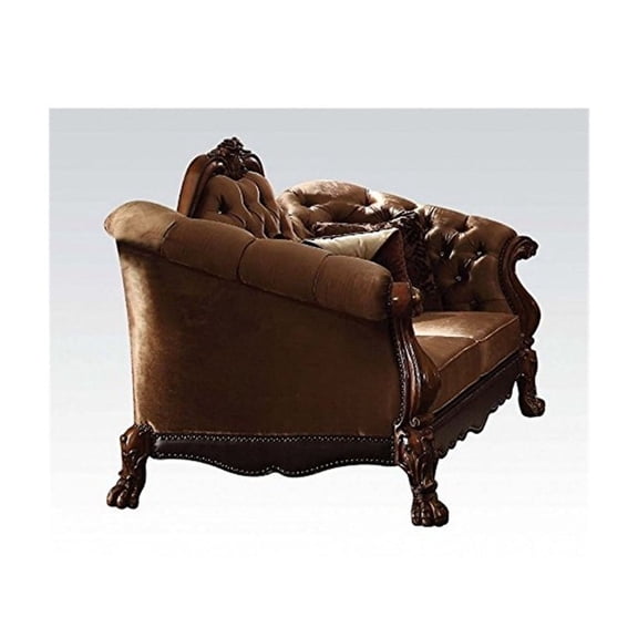 HomeStock Eclectic Elegance Loveseat w/5 Pillows, Golden Brown Velvet & Cherry Oak