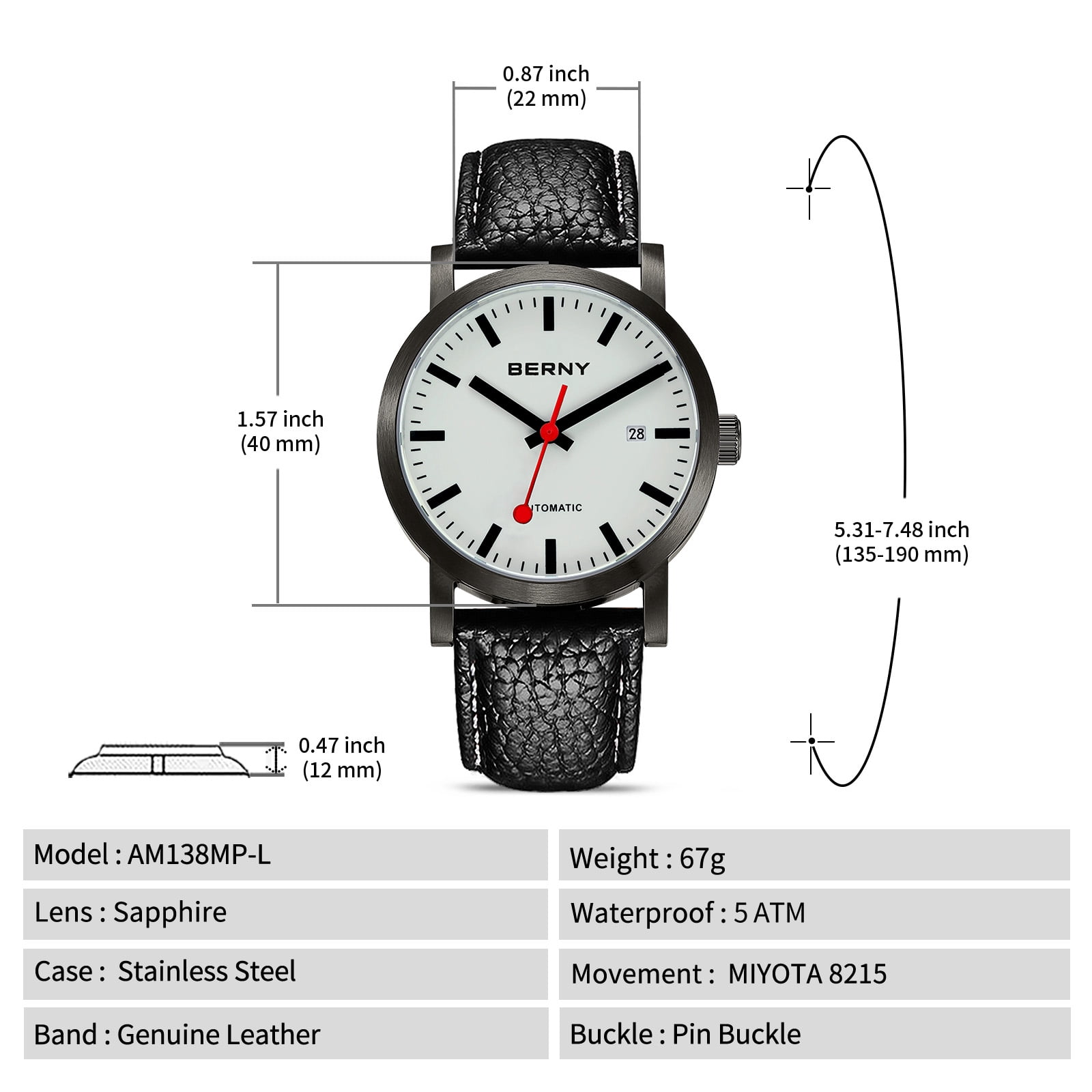 BERNY Automatic Watches for Men, Luxury Self Winding Mechanical Dress Leather Watch with Date, Sapphire Crystal, Luminous, Stainless Steel, 50M Waterproof, Minimalist Mens Watches (Black)