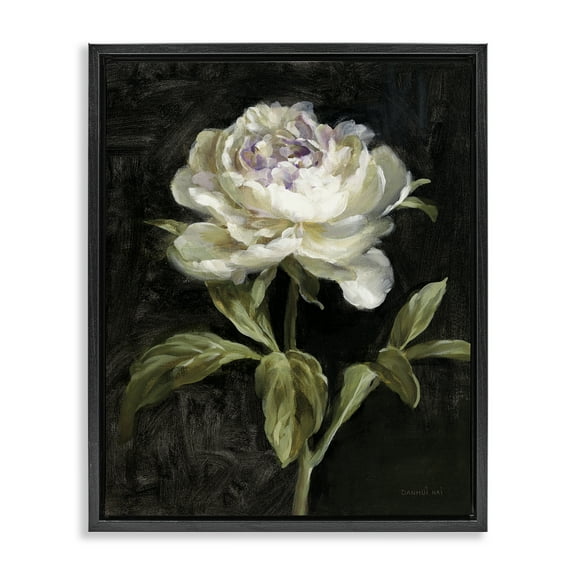 Stupell Industries Peony on Black Plants & Flowers Painting Black Floater Framed Canvas Art Print Wall Art, 17 x 21
