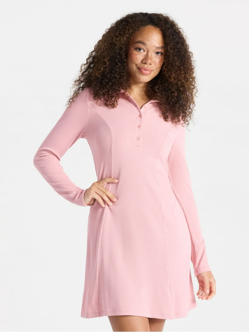 No Boundaries Ribbed Polo Dress with Long Sleeves, Women's