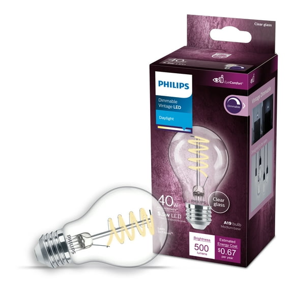 Philips Vintage LED 40-Watt A19 Clear Filament Light Bulb, Daylight, Dimmable, E26 Medium Base (1-Pack)