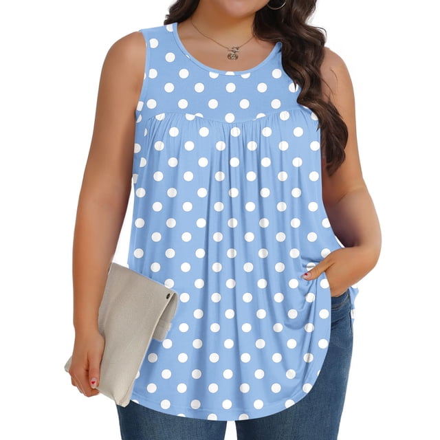 Sentmoon T-Shirts Graphiques pour Femmes Grande Taille Col Rond Débardeur Plissé pour Femmes Coupe Ample Imprimé Graphique Sans Manches Chemises Hawaïennes Été 2025 Élégant pour Festival de Musique Bleu Clair XXXXXL