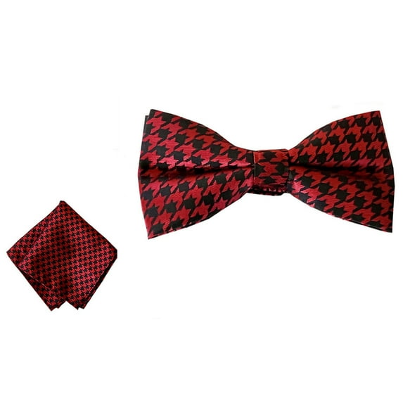 Triple M Plus Houndstooth Pattern Bowtie with Pocket Square Set In Black with Red Color