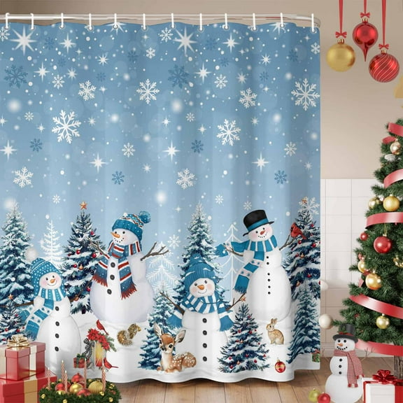Blue Grey Christmas Shower Curtain, Snowman Xmas Tree Snowflake Winter Waterproof Fabric Shower Curtains with 12 Hooks, Bathroom Curtain Set for Bathroom Accessories Decor, 72 x 72 Inches