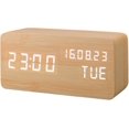 thumbnail image 1 of Reloj despertador digital CHAO Led de madera Artificial con activación de sonido temperatura humedad calendario brillo batería enchufe Usb, 1 of 5