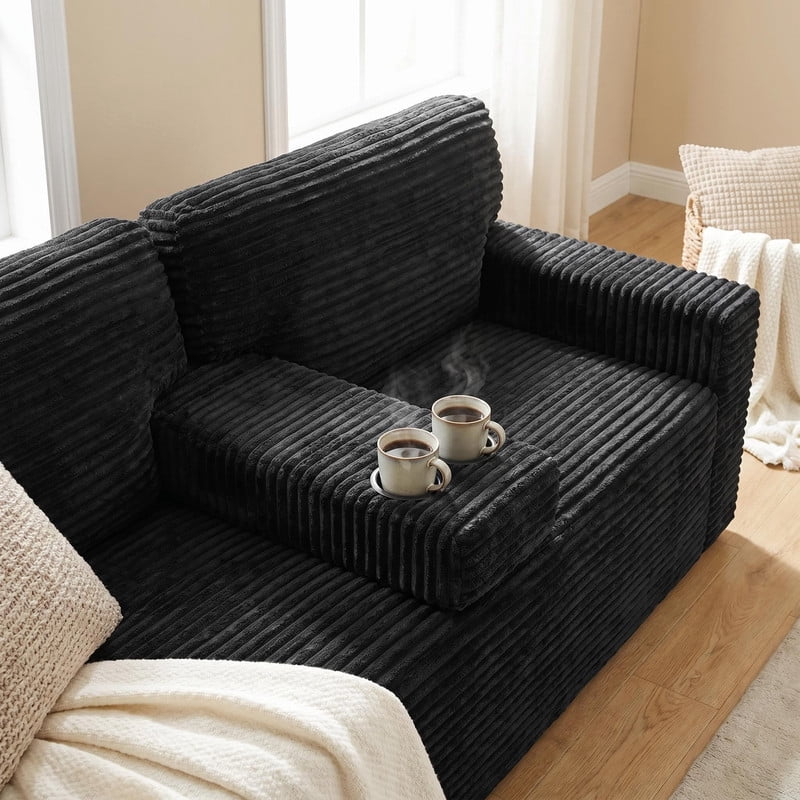Compression Corduroy Floor Sofa No-Leg Couch, Loveseat with Built-in Cup Holders and Side Storage Pocket